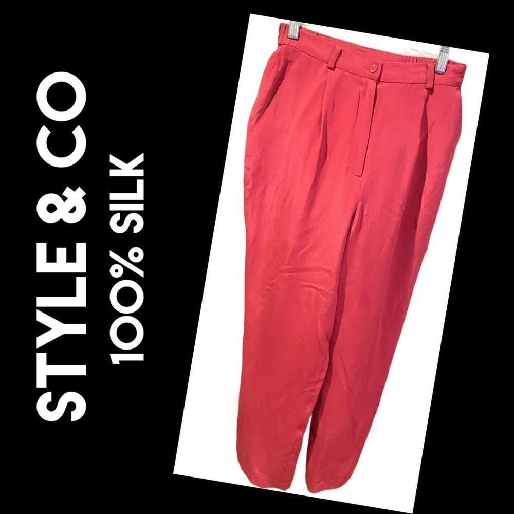 Style & Co. Women's Straight Leg Pants Silk Pleated Lined Pink Salmon Size 6P-EU